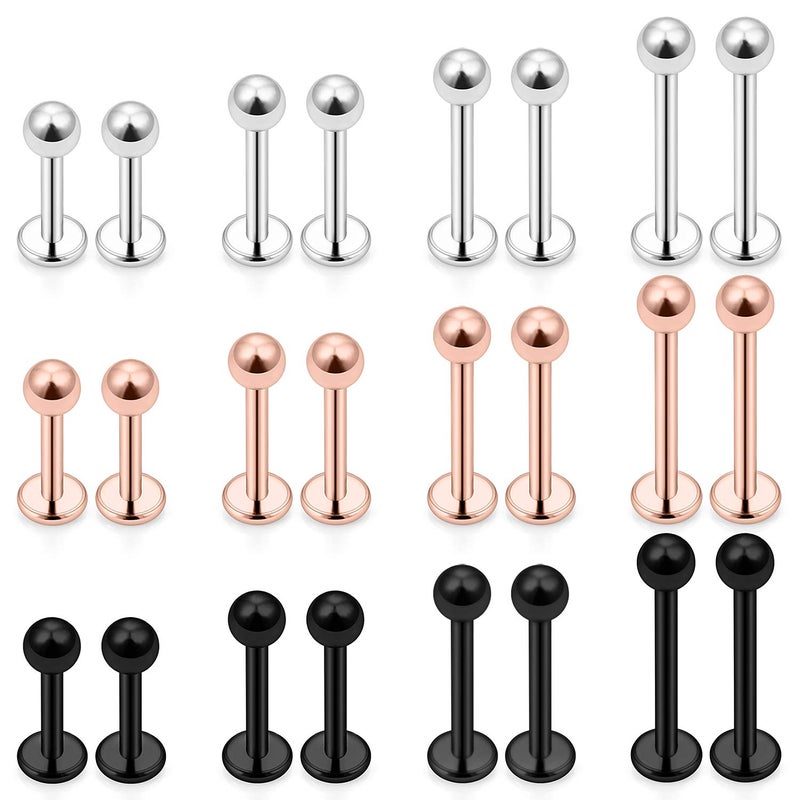 Ftovosyo Labret Barbell 24PCS Monroe Lip Barbell Ring Helix Earring Tragus Cartilage Studs Surgical Steel Piercing Jewelry for Women Men 16G 6mm 8mm 10mm 12mm Silver Black Rose Gold - Image 1